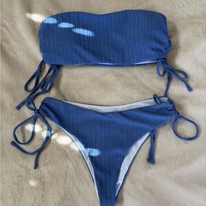 SHEIN Blue Ribbed Bandeau Tie-Side Bikini